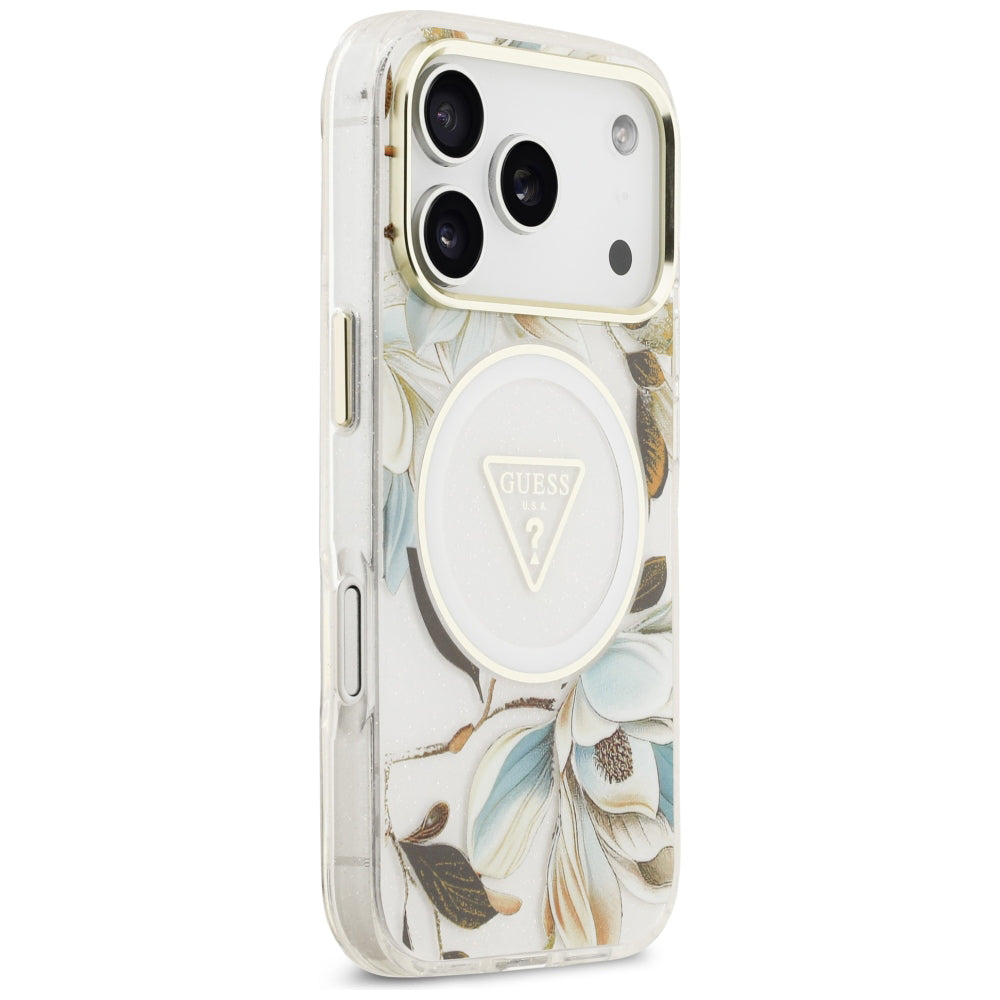 Калъф MagSafe за Apple iPhone 18 Pro / 17 Pro, Guess, IML Metal Glitter Flowers Triangle, Бял
