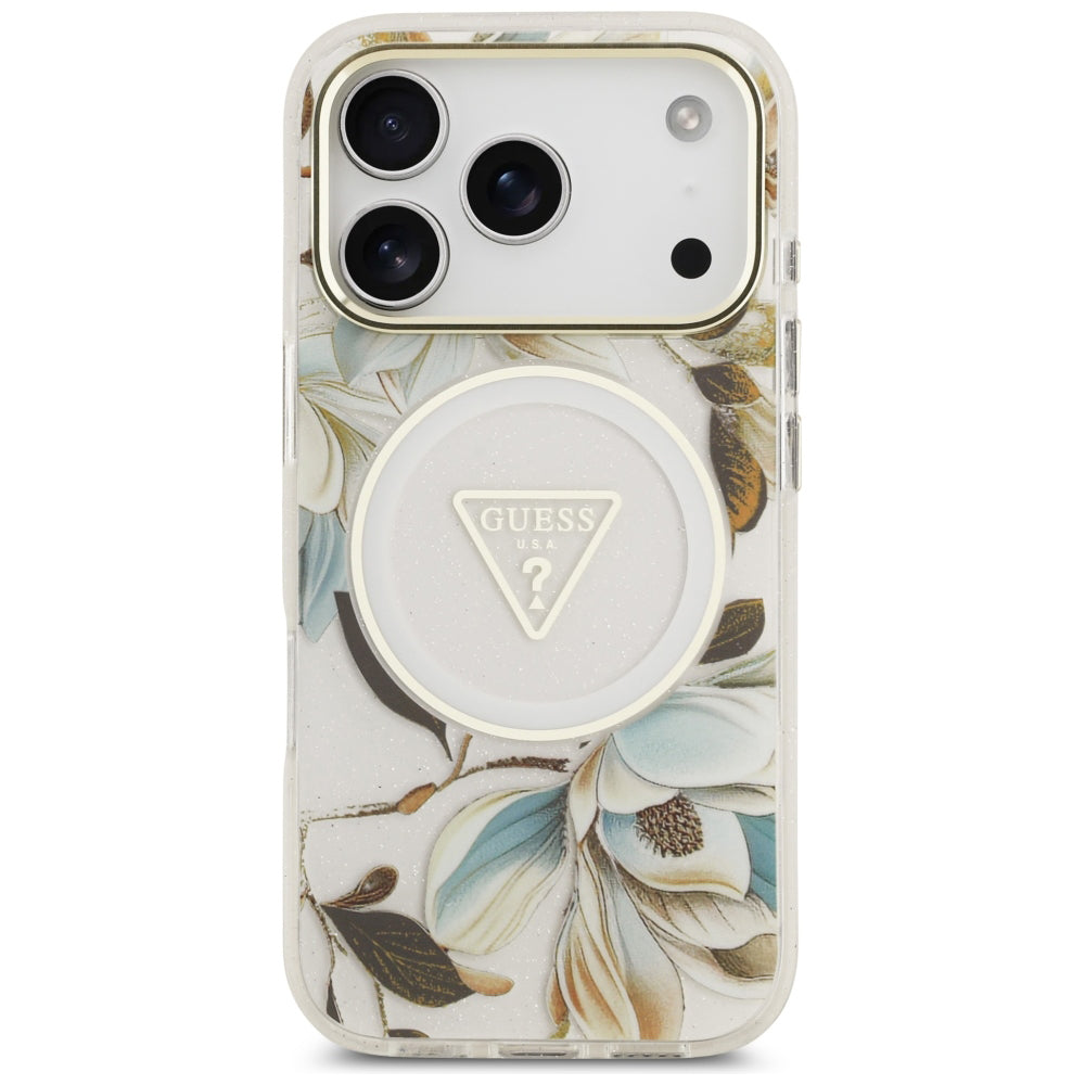 Калъф MagSafe за Apple iPhone 18 Pro / 17 Pro, Guess, IML Metal Glitter Flowers Triangle, Бял