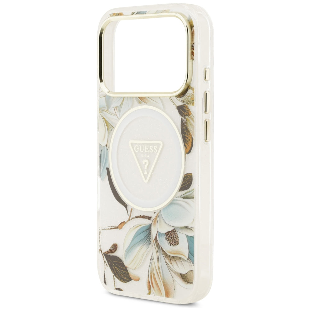 Калъф MagSafe за Apple iPhone 18 Pro / 17 Pro, Guess, IML Metal Glitter Flowers Triangle, Бял