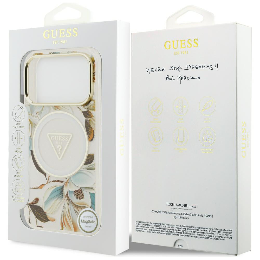 Калъф MagSafe за Apple iPhone 18 Pro / 17 Pro, Guess, IML Metal Glitter Flowers Triangle, Бял