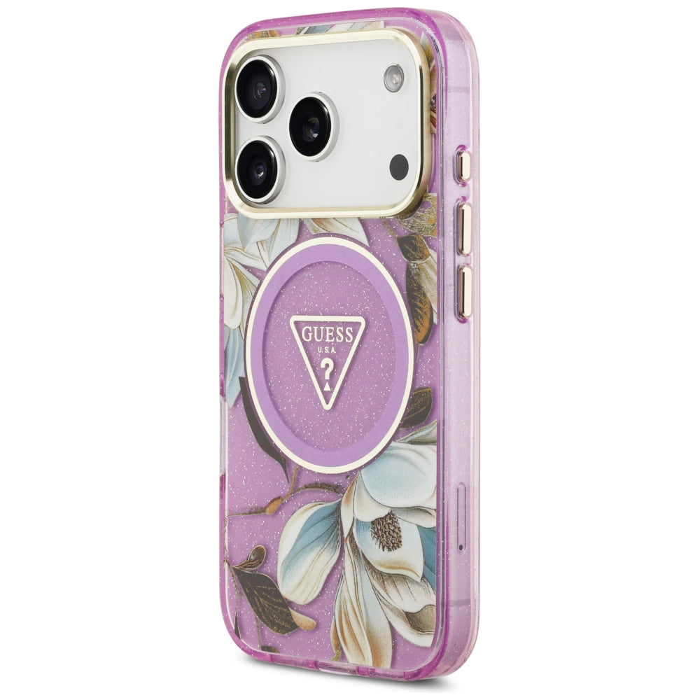 Калъф MagSafe за Apple iPhone 18 Pro / 17 Pro, Guess, IML Metal Glitter Flowers Triangle, Лилав