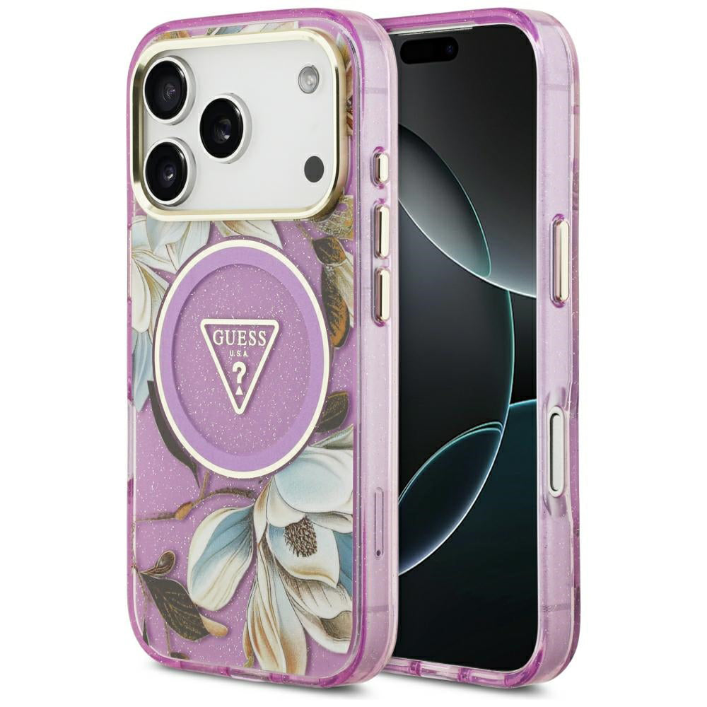 Калъф MagSafe за Apple iPhone 18 Pro / 17 Pro, Guess, IML Metal Glitter Flowers Triangle, Лилав