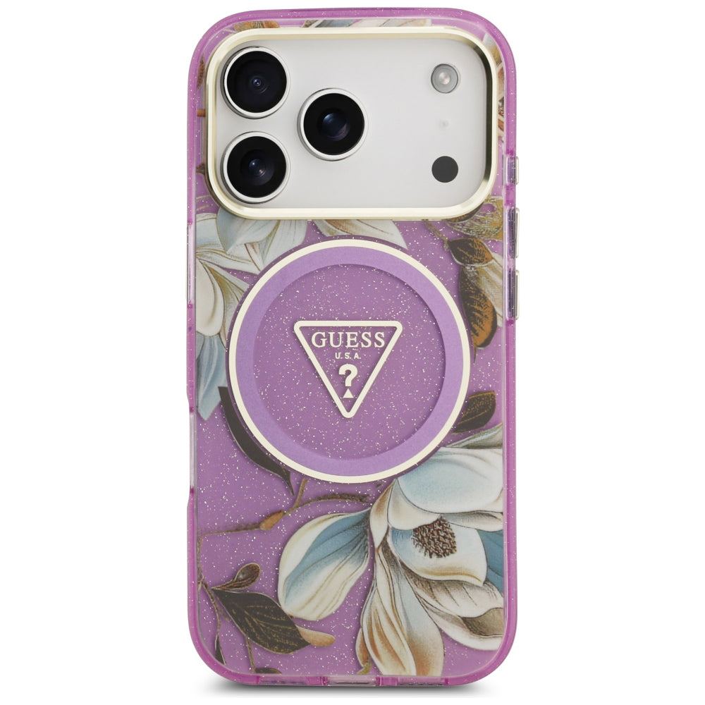 Калъф MagSafe за Apple iPhone 18 Pro / 17 Pro, Guess, IML Metal Glitter Flowers Triangle, Лилав