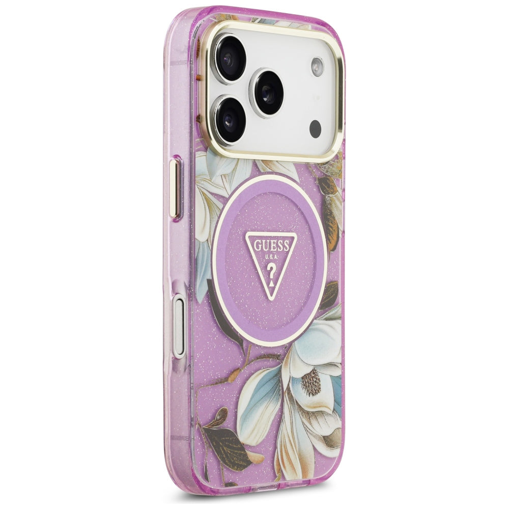 Калъф MagSafe за Apple iPhone 18 Pro / 17 Pro, Guess, IML Metal Glitter Flowers Triangle, Лилав