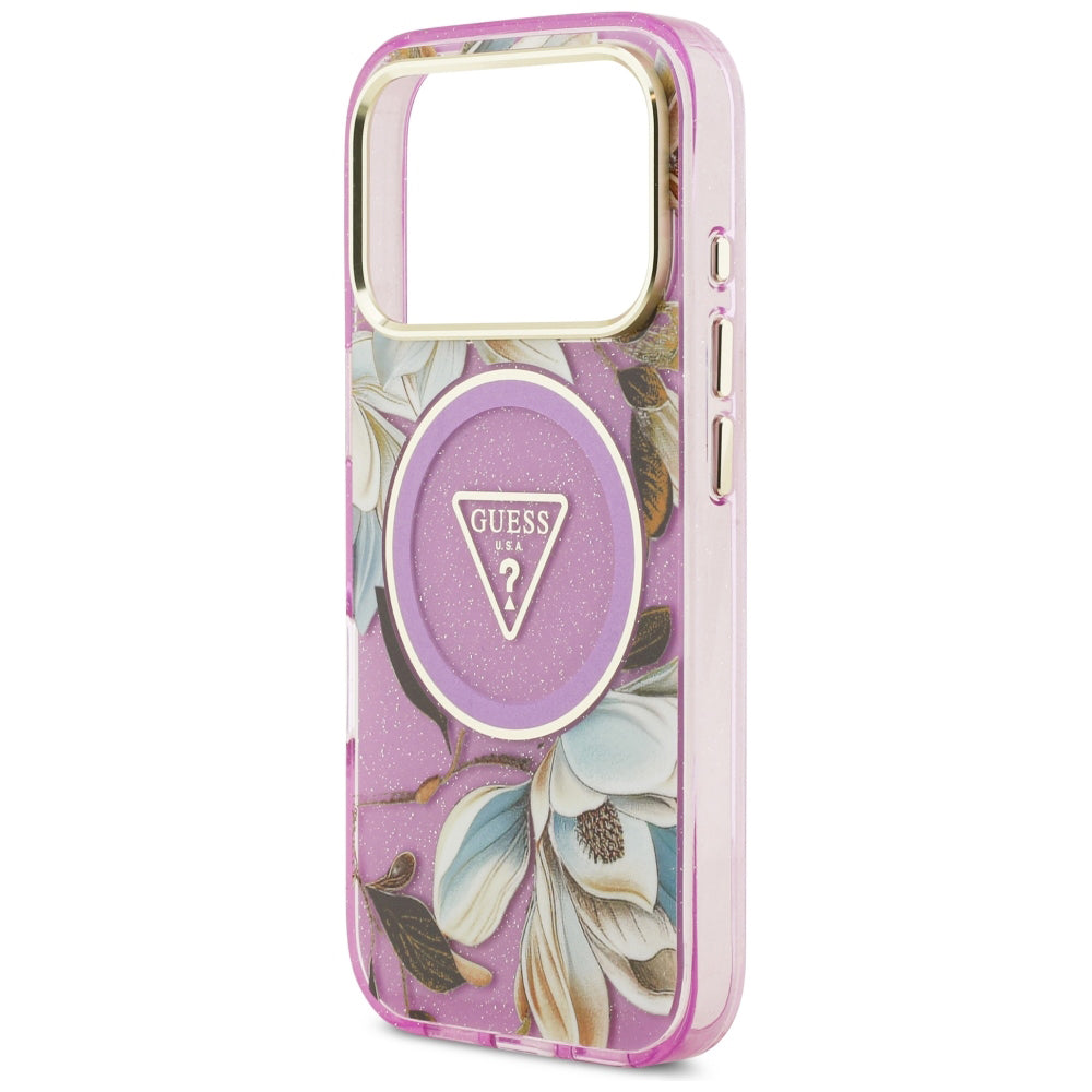 Калъф MagSafe за Apple iPhone 18 Pro / 17 Pro, Guess, IML Metal Glitter Flowers Triangle, Лилав
