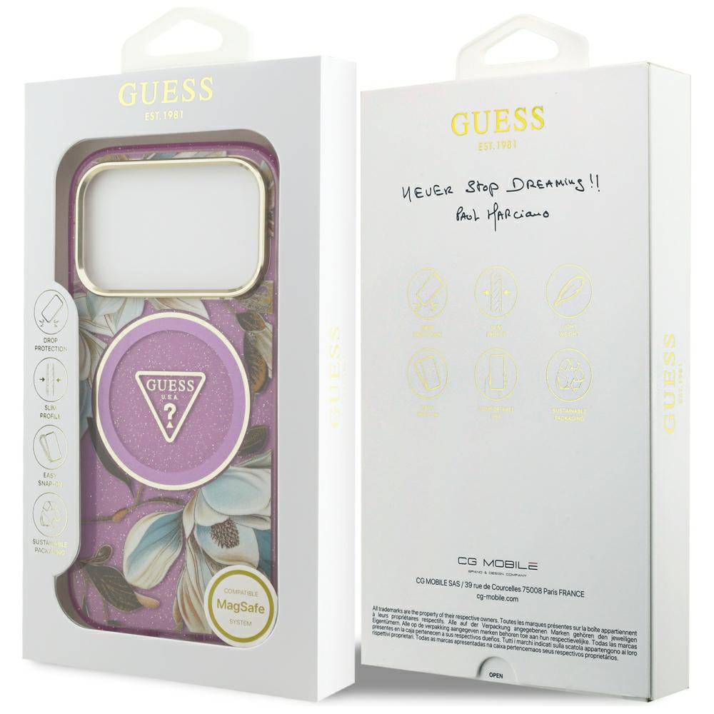 Калъф MagSafe за Apple iPhone 18 Pro / 17 Pro, Guess, IML Metal Glitter Flowers Triangle, Лилав