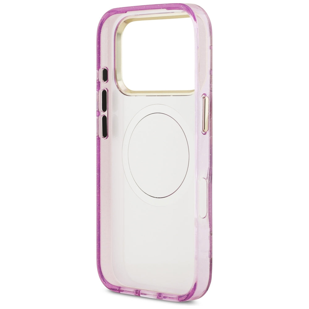Калъф MagSafe за Apple iPhone 18 Pro / 17 Pro, Guess, IML Metal Glitter Flowers Triangle, Лилав