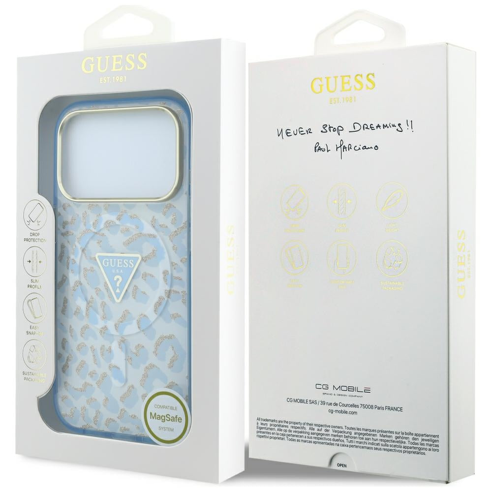 Калъф MagSafe за Apple iPhone 18 Pro / 17 Pro, Guess, Leopard Glitter Triangle Logo, Bleu