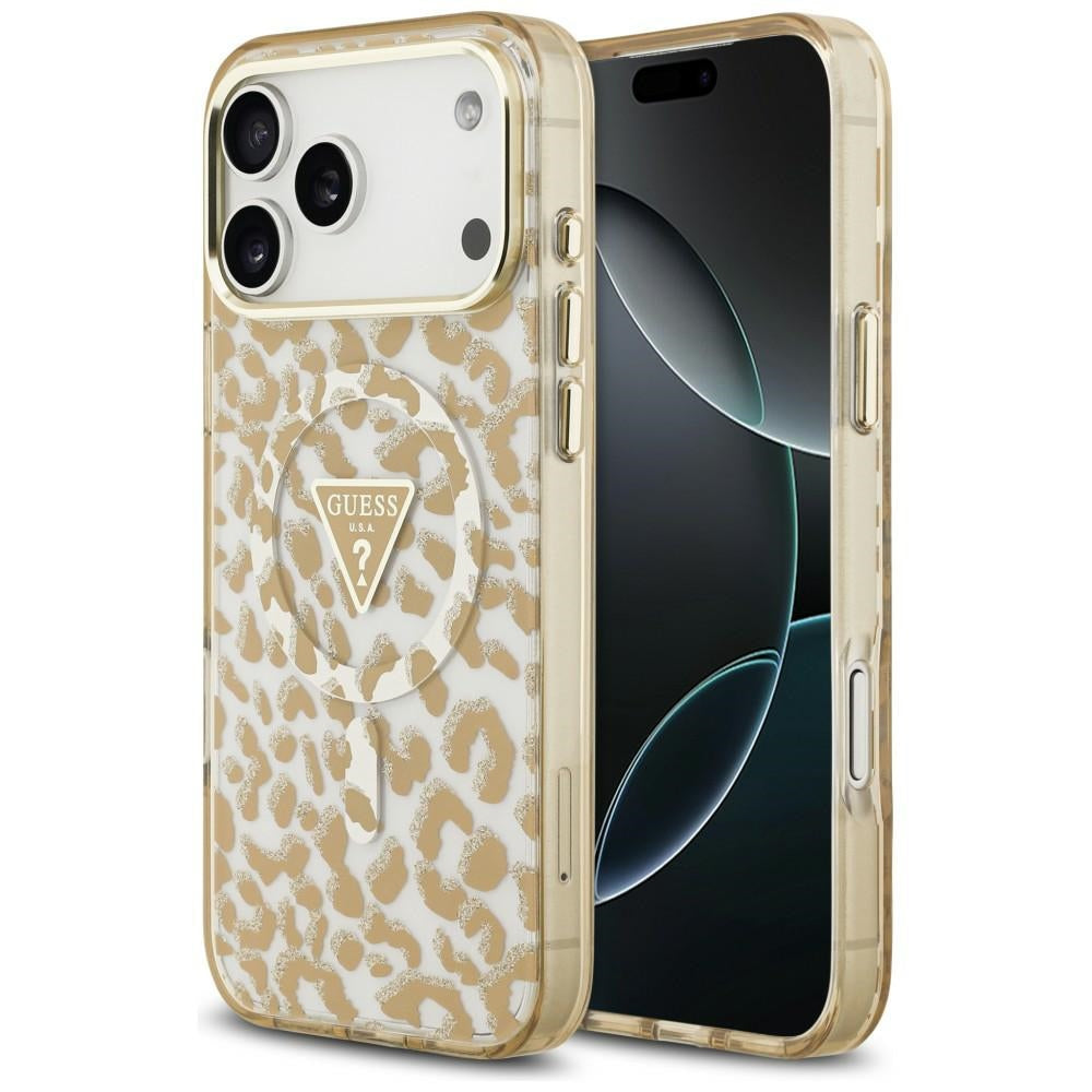 Калъф MagSafe за Apple iPhone 18 Pro / 17 Pro, Guess, Leopard Glitter Triangle Logo, Кафяв