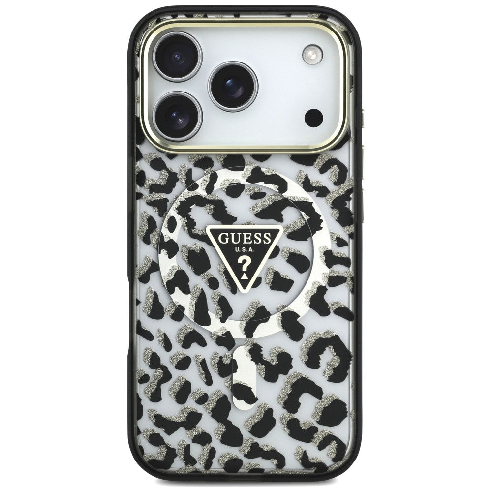 Калъф MagSafe за Apple iPhone 18 Pro / 17 Pro, Guess, Leopard Glitter Triangle Logo, Черен