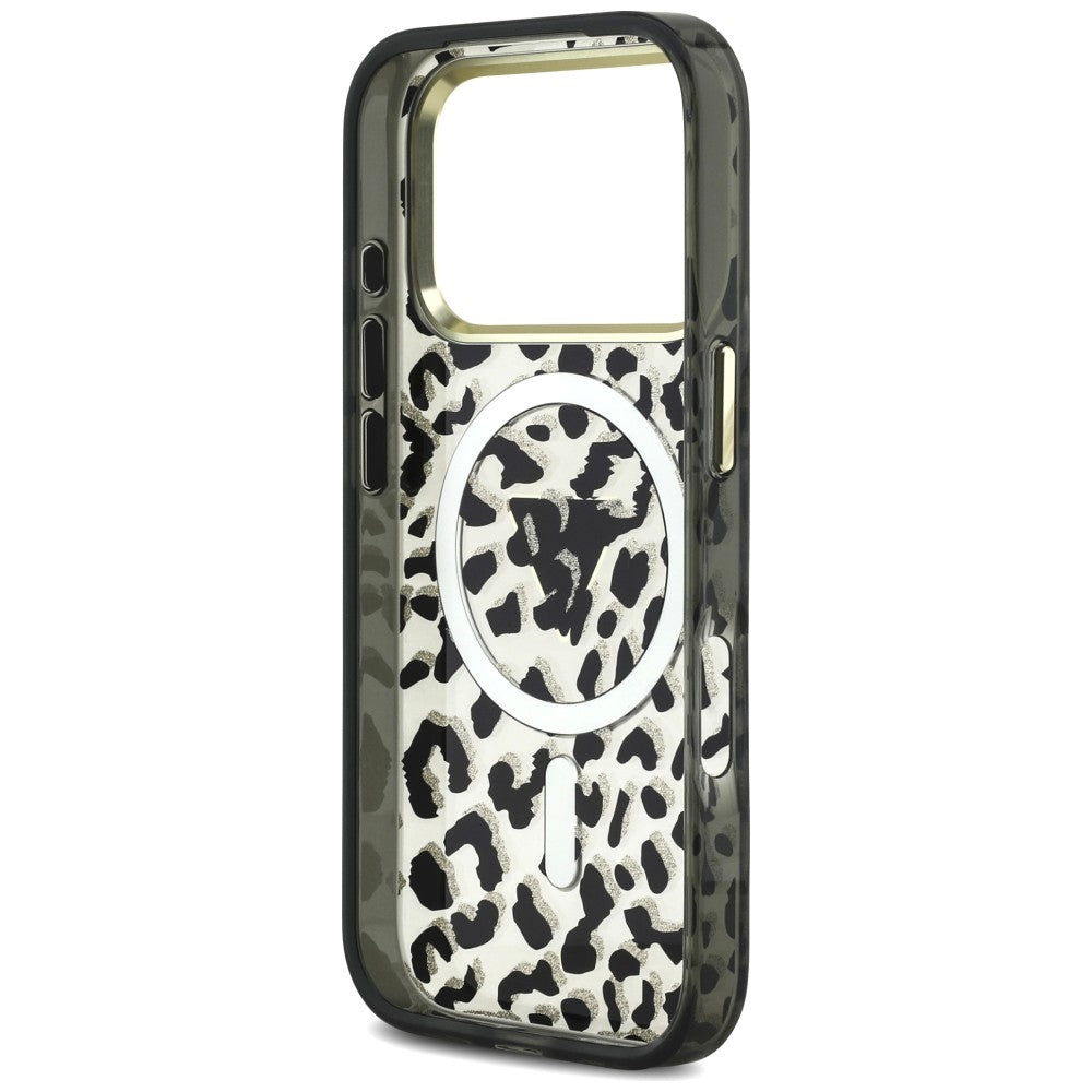 Калъф MagSafe за Apple iPhone 18 Pro / 17 Pro, Guess, Leopard Glitter Triangle Logo, Черен