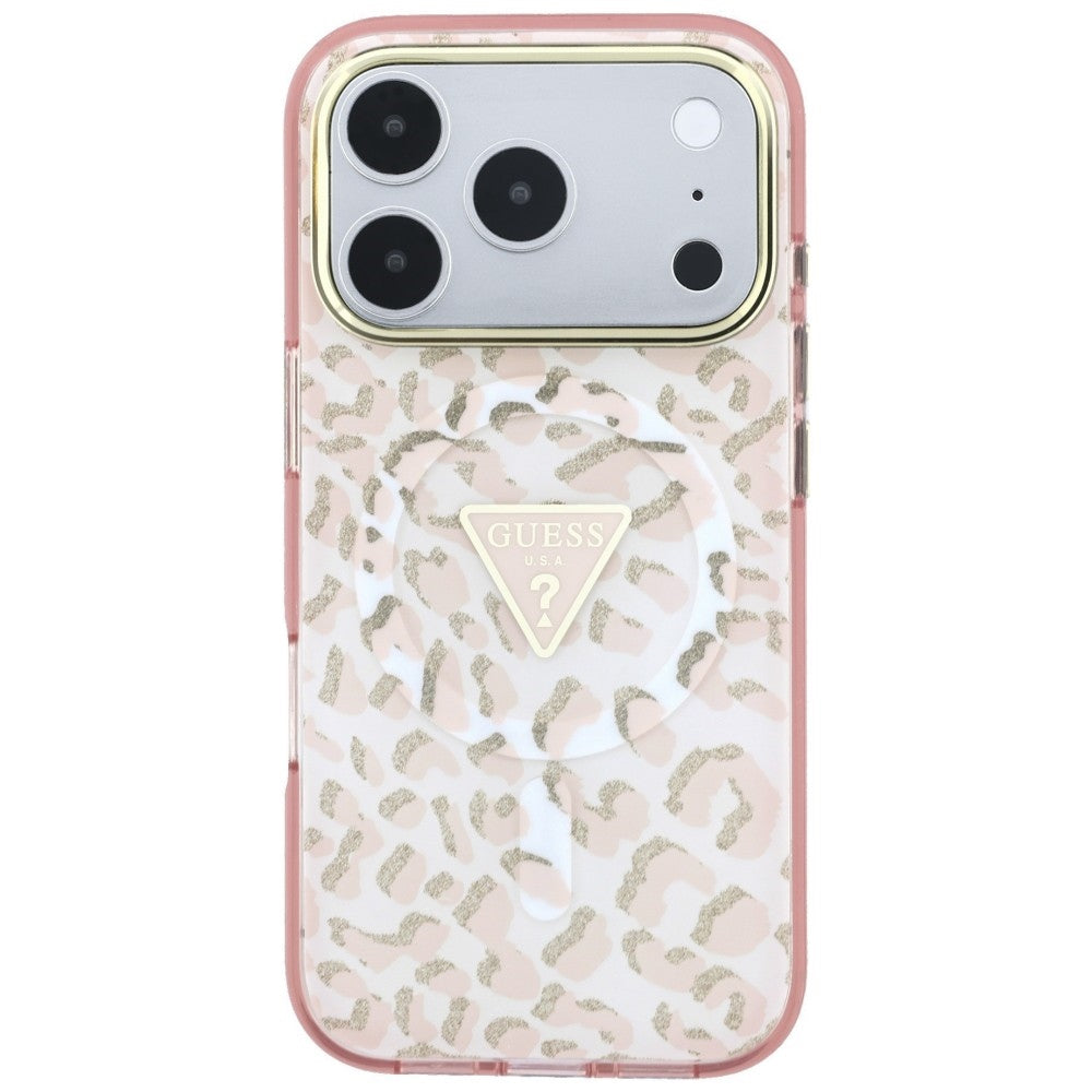 Калъф MagSafe за Apple iPhone 18 Pro / 17 Pro, Guess, Leopard Glitter Triangle Logo, Розов
