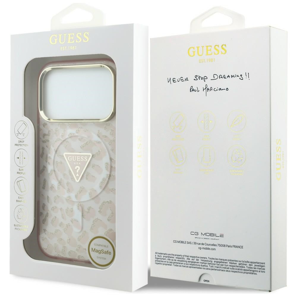 Калъф MagSafe за Apple iPhone 18 Pro / 17 Pro, Guess, Leopard Glitter Triangle Logo, Розов