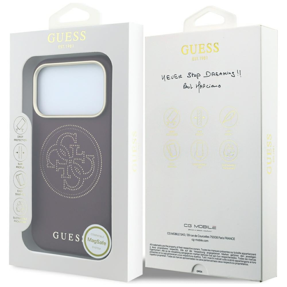 Калъф MagSafe за Apple iPhone 18 Pro / 17 Pro, Guess, Перфорирана 4G, Бордо