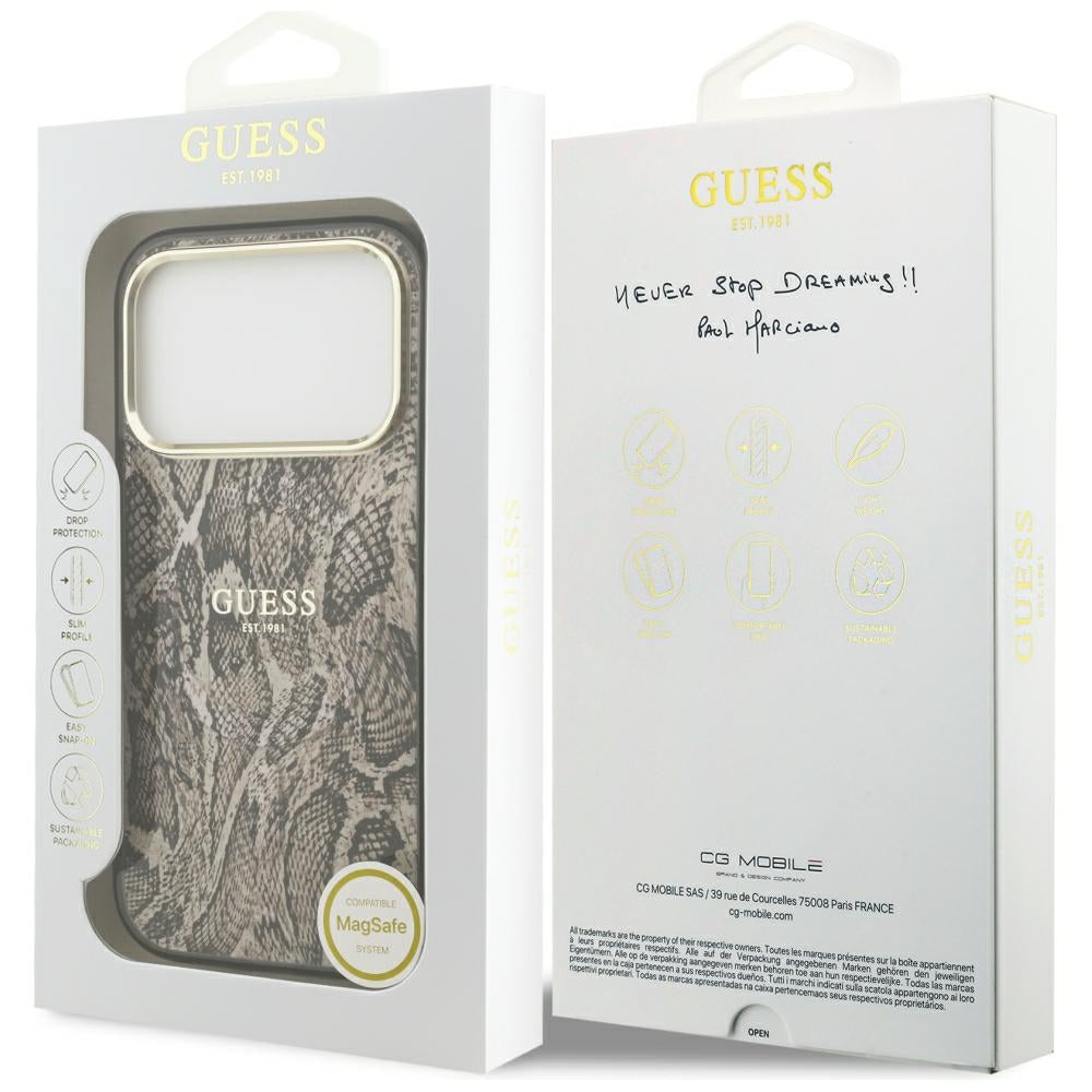 Калъф MagSafe за Apple iPhone 18 Pro / 17 Pro, Guess, Питонски мотив, Кафяв