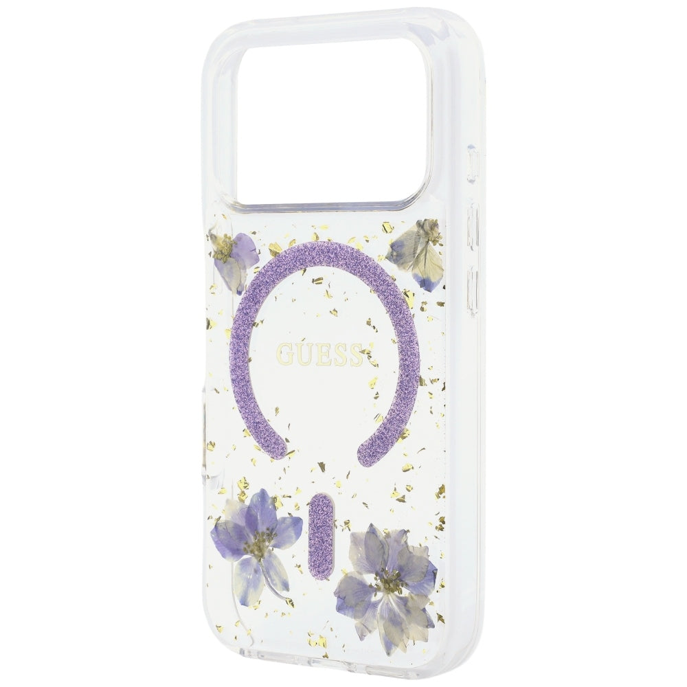 Калъф MagSafe за Apple iPhone 18 Pro / 17 Pro, Guess, Resin Flowers and Glitter, Лилав