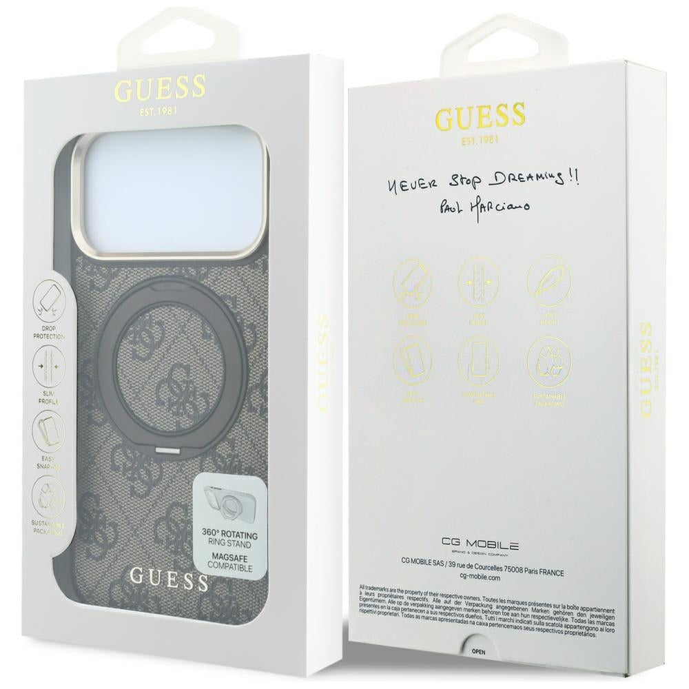 Калъф MagSafe за Apple iPhone 18 Pro / 17 Pro, Guess, Ring Stand 360 4G Classic Logo, Кафяв