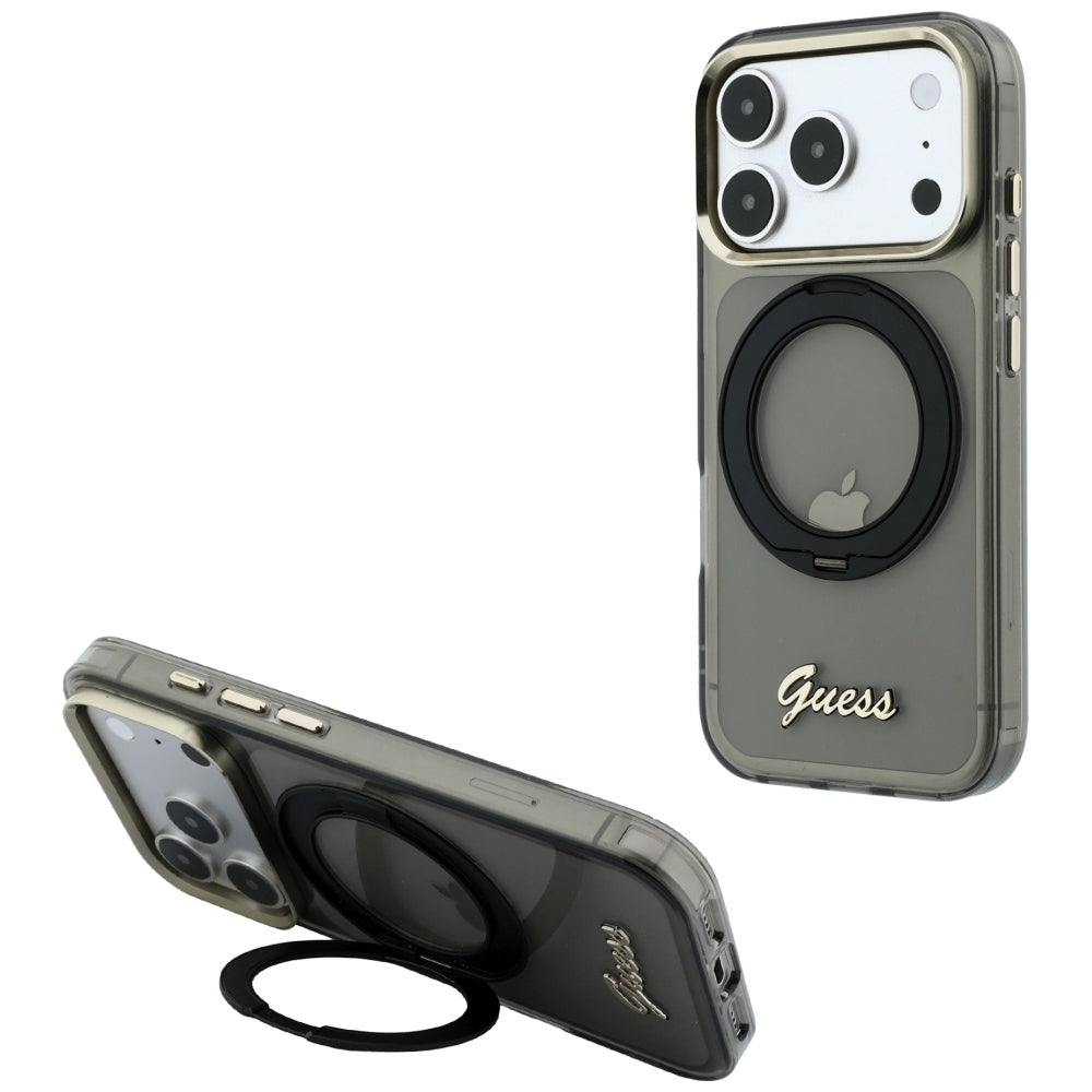Калъф MagSafe за Apple iPhone 18 Pro / 17 Pro, Guess, Ring Stand Script Metal Logo, Черен