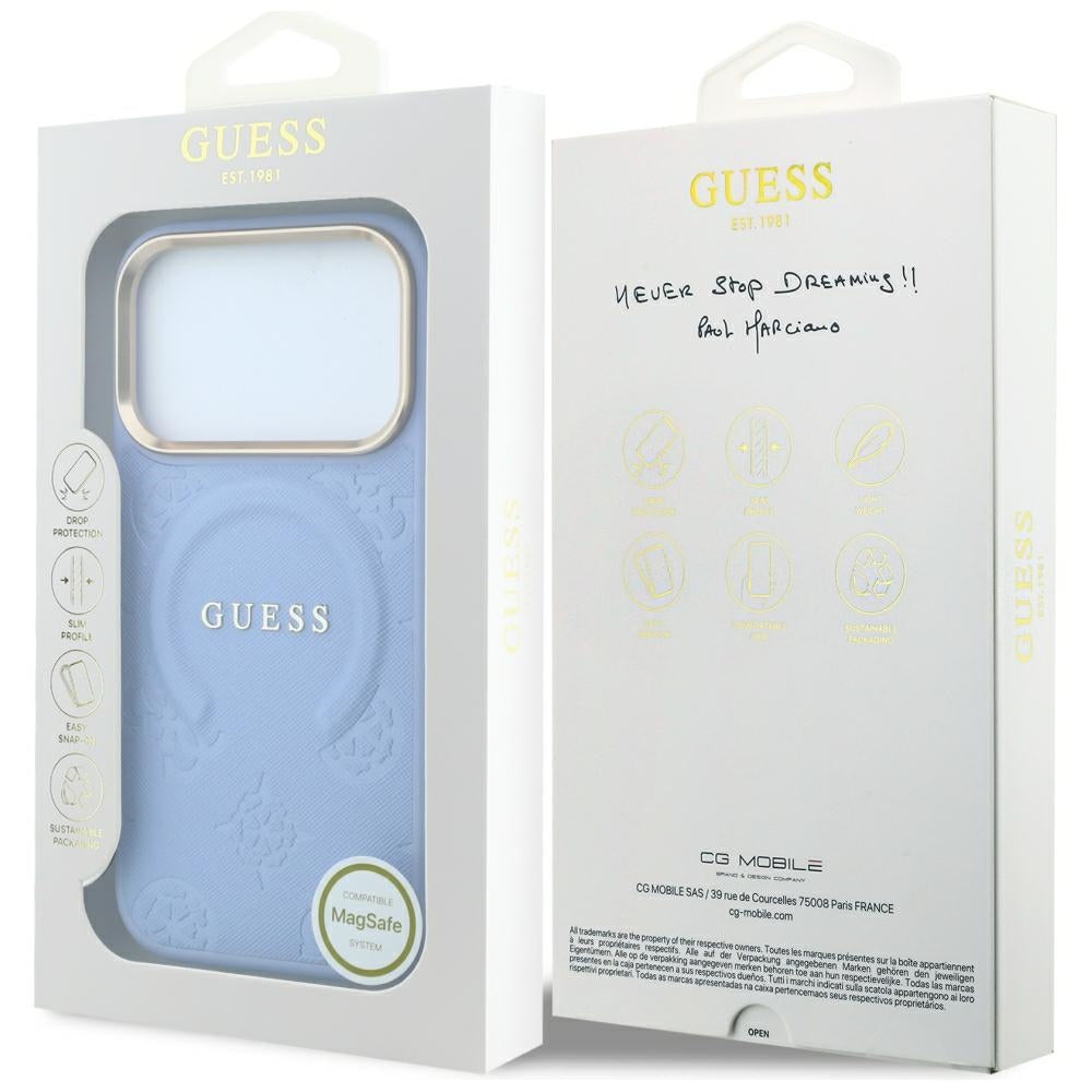 Калъф MagSafe за Apple iPhone 18 Pro / 17 Pro, Guess, Saffiano Peony Ring, Bleu