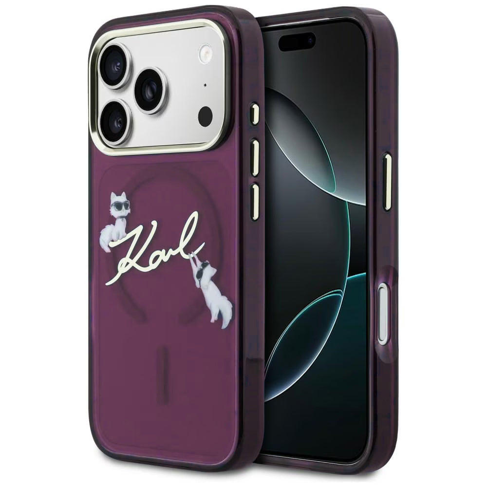 Калъф MagSafe за Apple iPhone 18 Pro / 17 Pro, Karl Lagerfeld, IML Choupette Karl Script Logo, Бордо