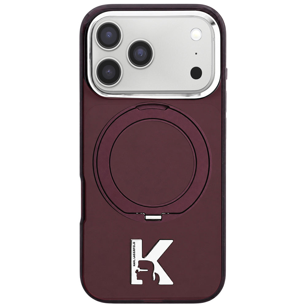 Калъф MagSafe за Apple iPhone 18 Pro / 17 Pro, Karl Lagerfeld, IML Ring Stand Kameo Metal, Бордо