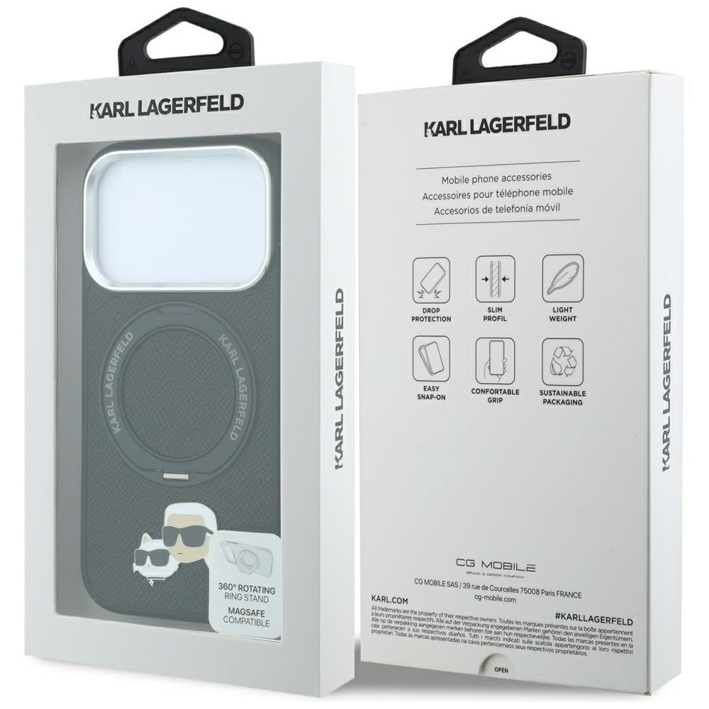 Калъф MagSafe за Apple iPhone 18 Pro / 17 Pro, Karl Lagerfeld, Ring Stand 360 Karl & Choupette Pin, Черен