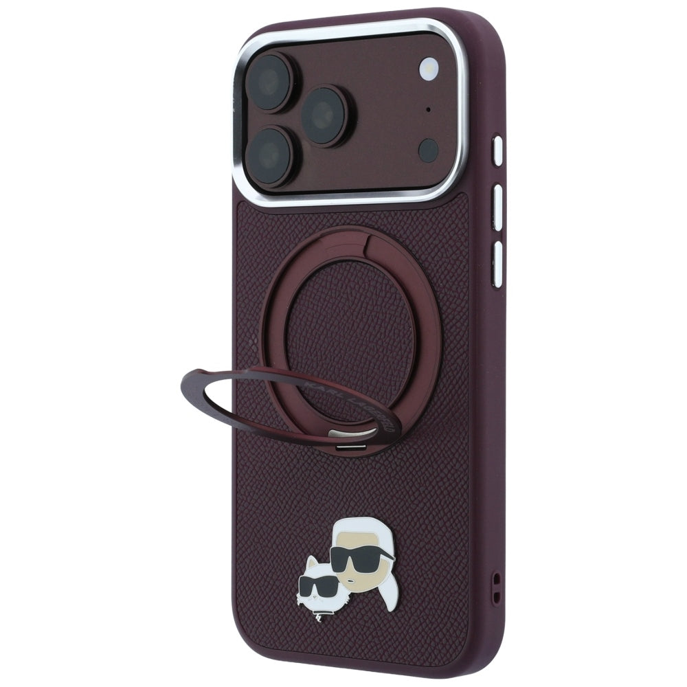 Калъф MagSafe за Apple iPhone 18 Pro / 17 Pro, Karl Lagerfeld, Ring Stand 360 Karl & Choupette Pin, Бордо