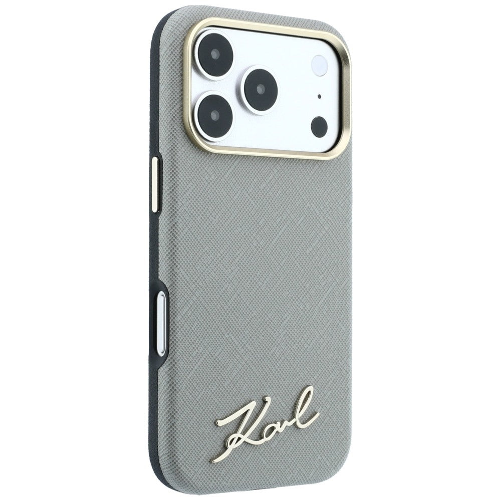 MagSafe Case for Apple iPhone 18 Pro / 17 Pro, Karl Lagerfeld, Saffiano Small Script Metal Logo, Gray Beige