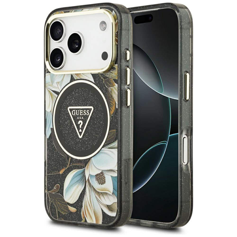 Калъф MagSafe за Apple iPhone 18 Pro, Guess, IML Metal Glitter Flowers Triangle, Черен