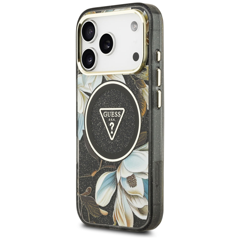 Калъф MagSafe за Apple iPhone 18 Pro, Guess, IML Metal Glitter Flowers Triangle, Черен