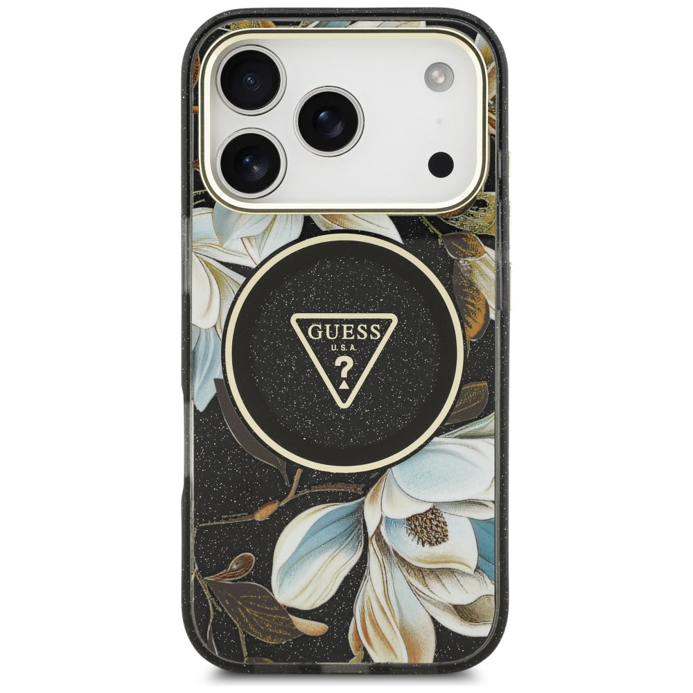 Калъф MagSafe за Apple iPhone 18 Pro, Guess, IML Metal Glitter Flowers Triangle, Черен