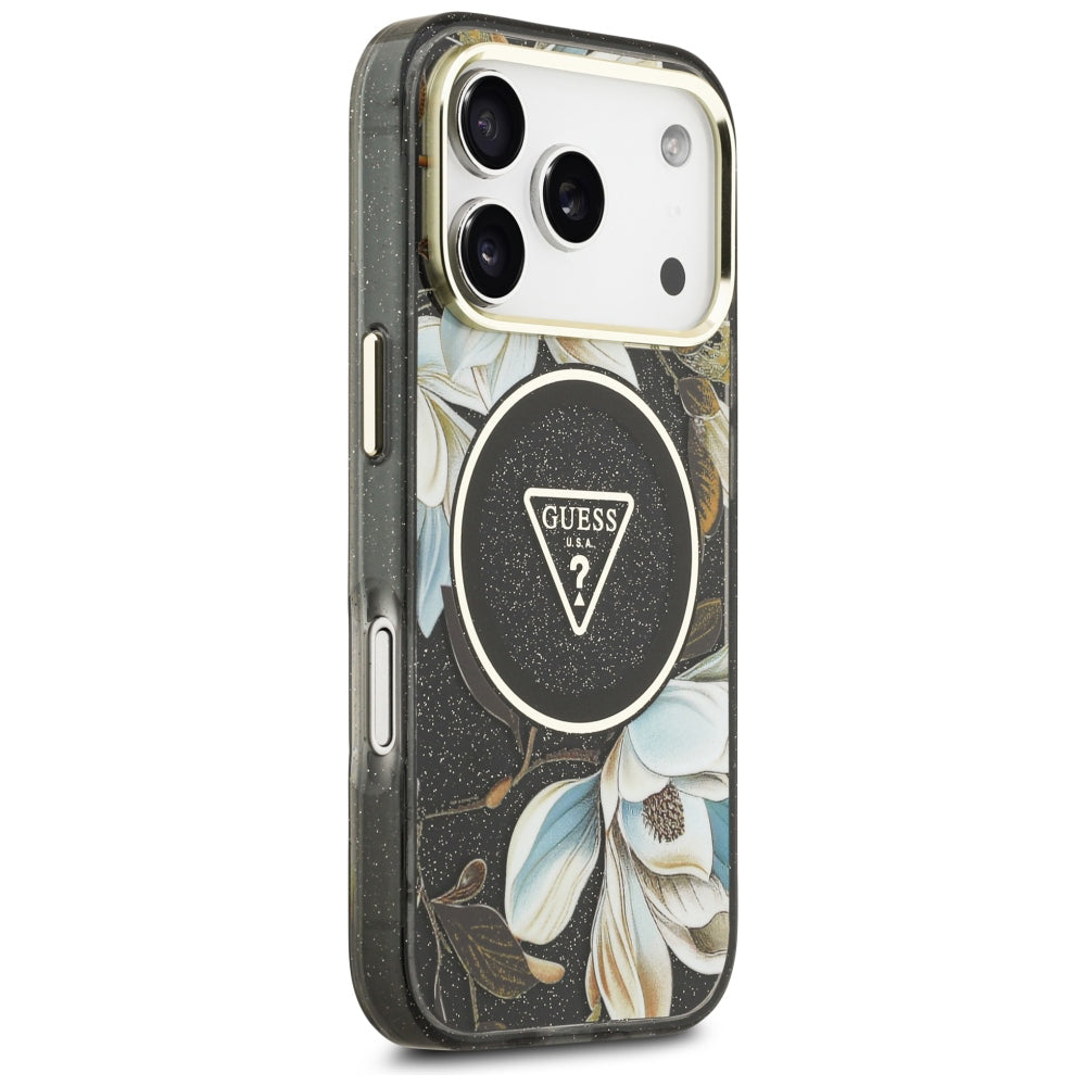 Калъф MagSafe за Apple iPhone 18 Pro, Guess, IML Metal Glitter Flowers Triangle, Черен