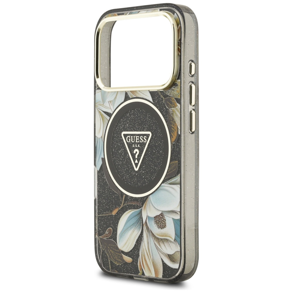 Калъф MagSafe за Apple iPhone 18 Pro, Guess, IML Metal Glitter Flowers Triangle, Черен