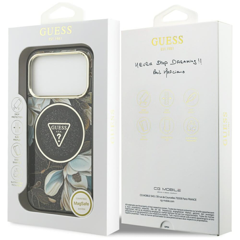 Калъф MagSafe за Apple iPhone 18 Pro, Guess, IML Metal Glitter Flowers Triangle, Черен