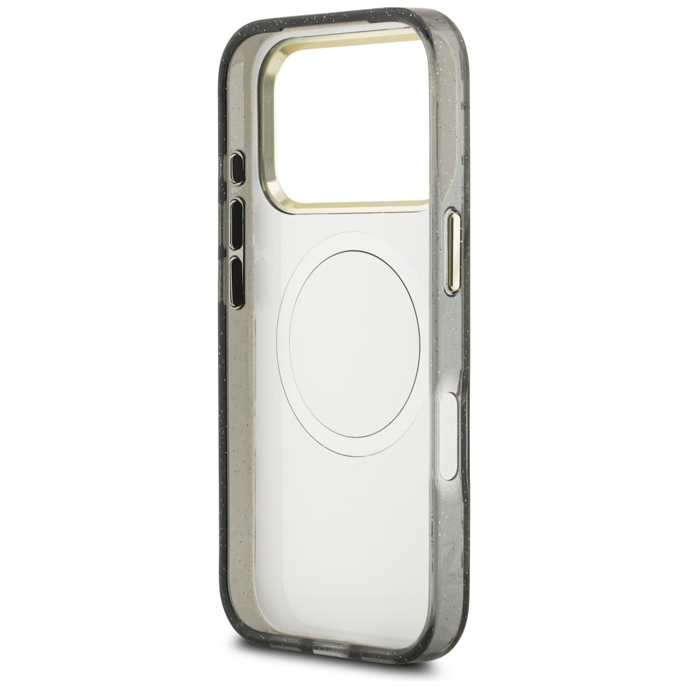 Калъф MagSafe за Apple iPhone 18 Pro, Guess, IML Metal Glitter Flowers Triangle, Черен