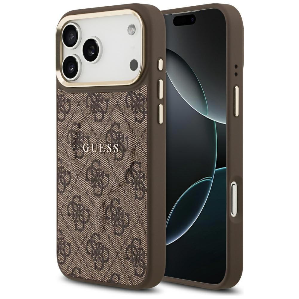 Калъф MagSafe за Apple iPhone 18 Pro Max / 17 Pro Max, Guess, 4G релефен пръстен с класическо лого, кафяв