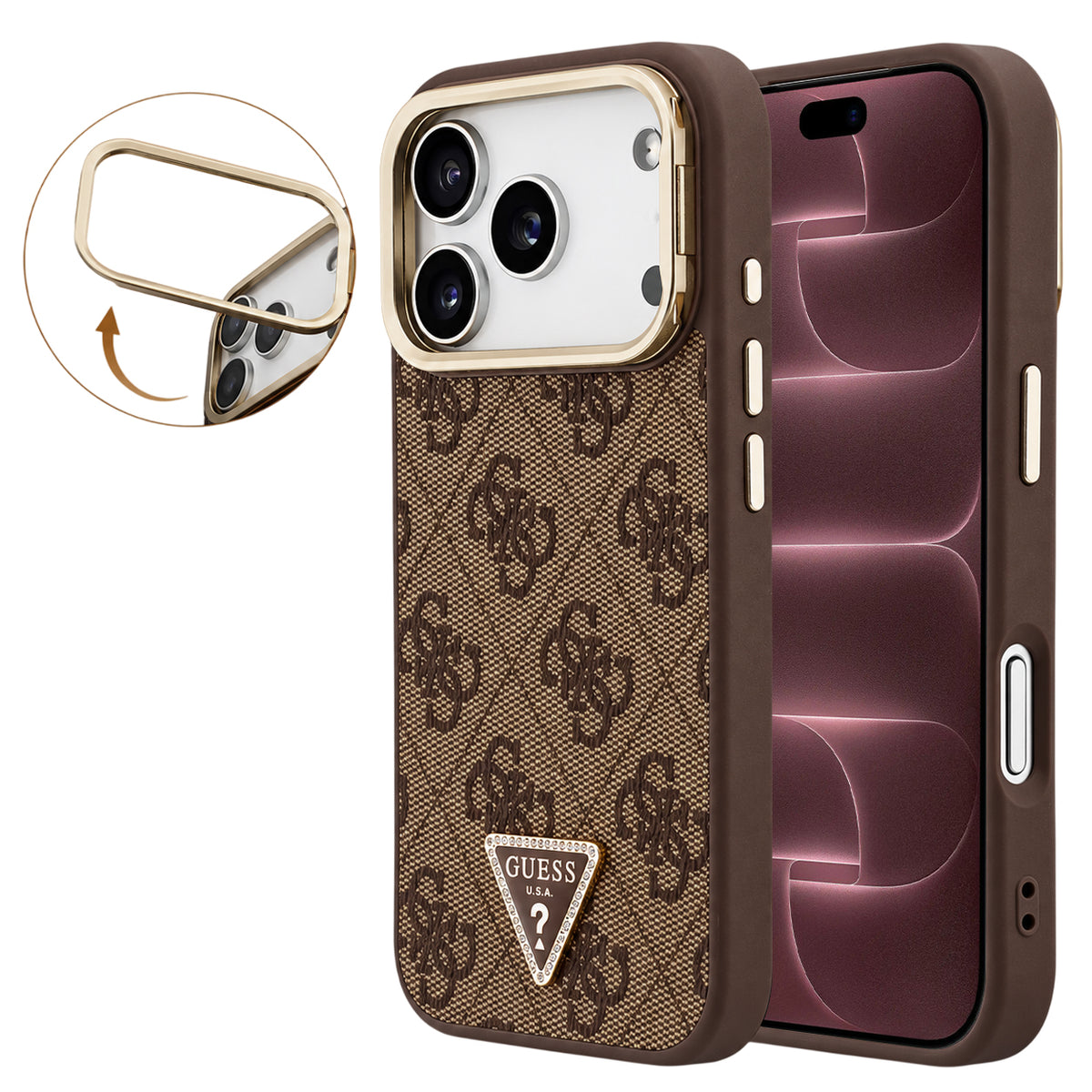 Калъф MagSafe за Apple iPhone 18 Pro Max / 17 Pro Max, Guess, 4G Triangle Logo & Stand Camera, кафяво