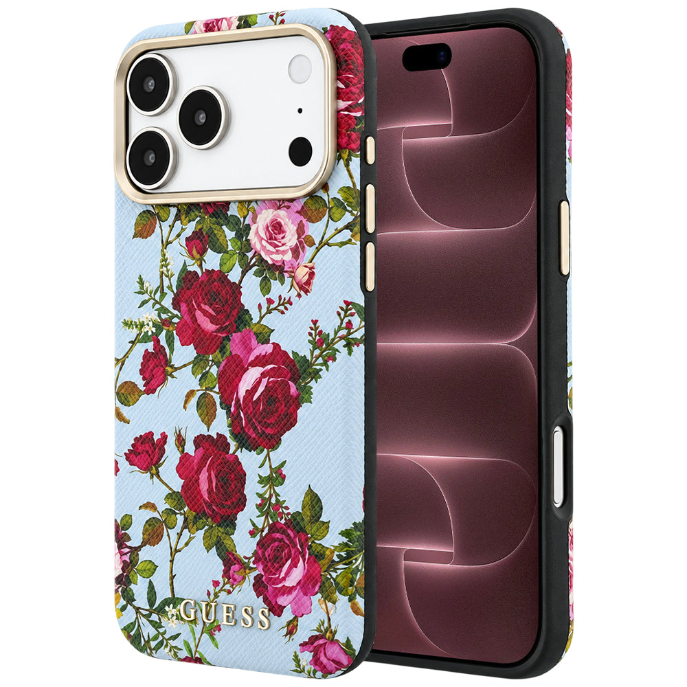 Калъф MagSafe за Apple iPhone 18 Pro Max / 17 Pro Max, Guess, Blossom Roses Print, синьо-розов
