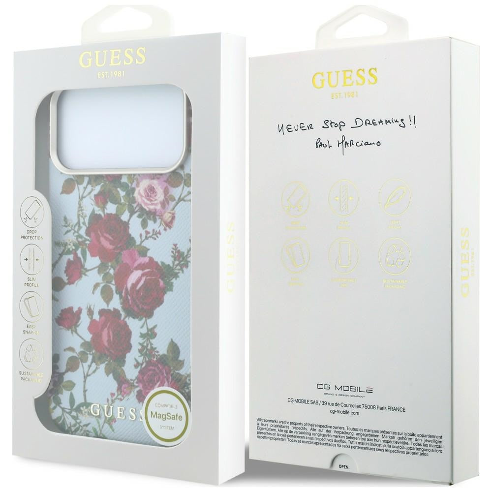Калъф MagSafe за Apple iPhone 18 Pro Max / 17 Pro Max, Guess, Blossom Roses Print, синьо-розов