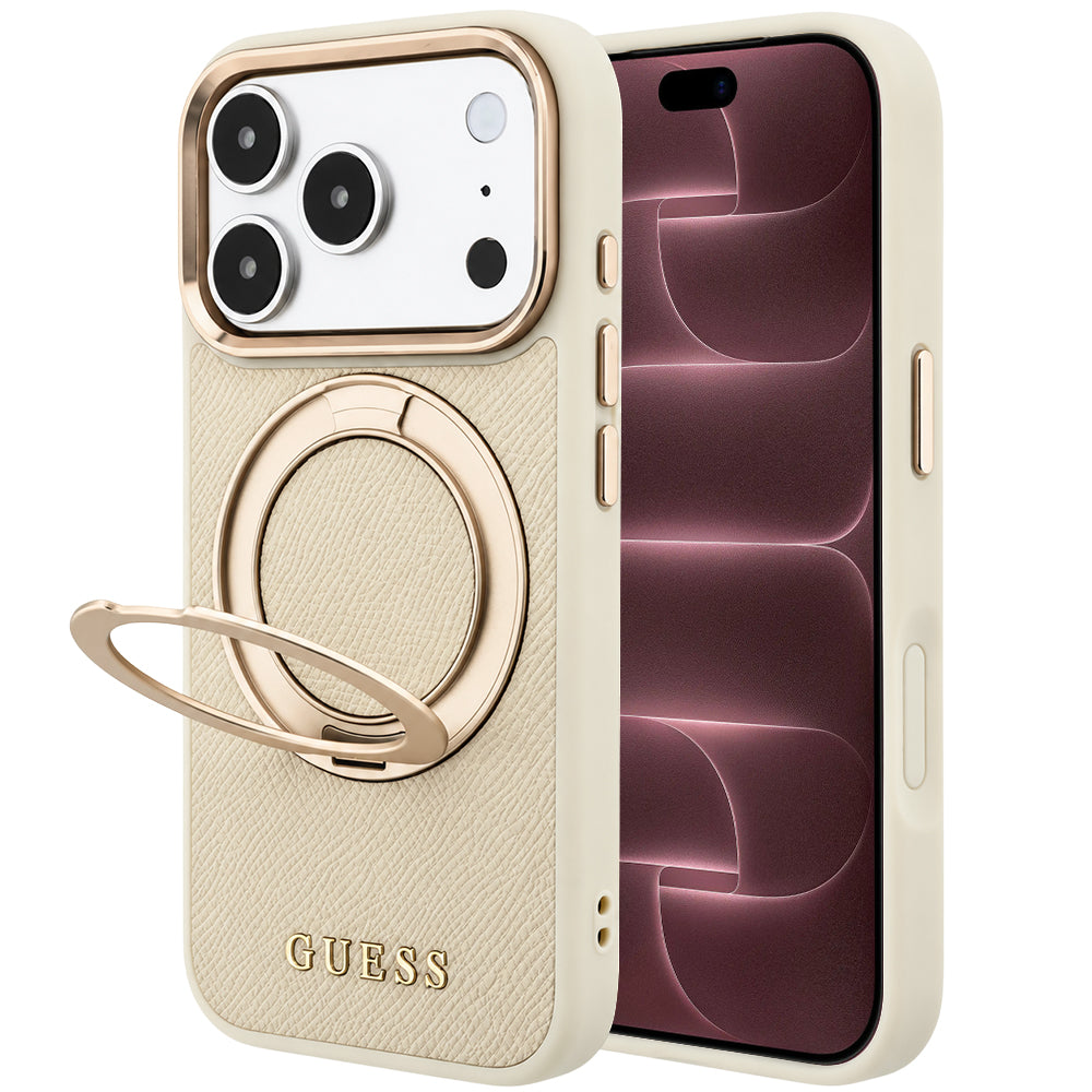Калъф MagSafe за Apple iPhone 18 Pro Max / 17 Pro Max, Guess, Grained Ring Stand 360 Classic, Бежов