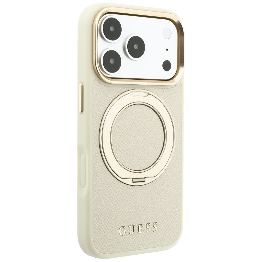Калъф MagSafe за Apple iPhone 18 Pro Max / 17 Pro Max, Guess, Grained Ring Stand 360 Classic, Бежов
