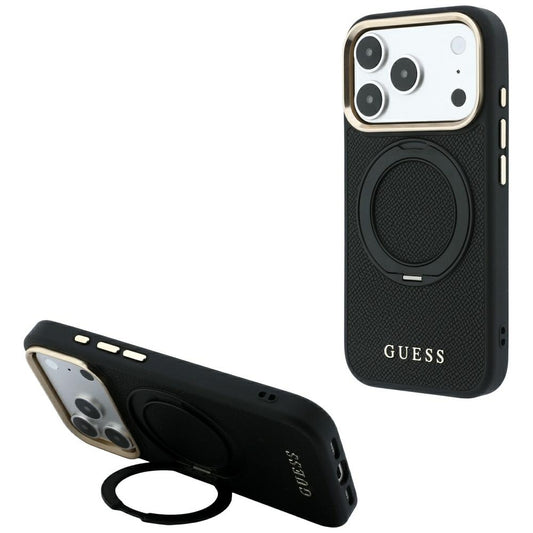 Калъф MagSafe за Apple iPhone 18 Pro Max / 17 Pro Max, Guess, Grained Ring Stand 360 Classic, черен