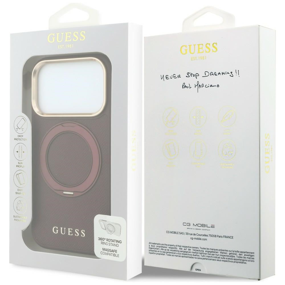 Калъф MagSafe за Apple iPhone 18 Pro Max / 17 Pro Max, Guess, Grained Ring Stand 360 Classic, Бордо