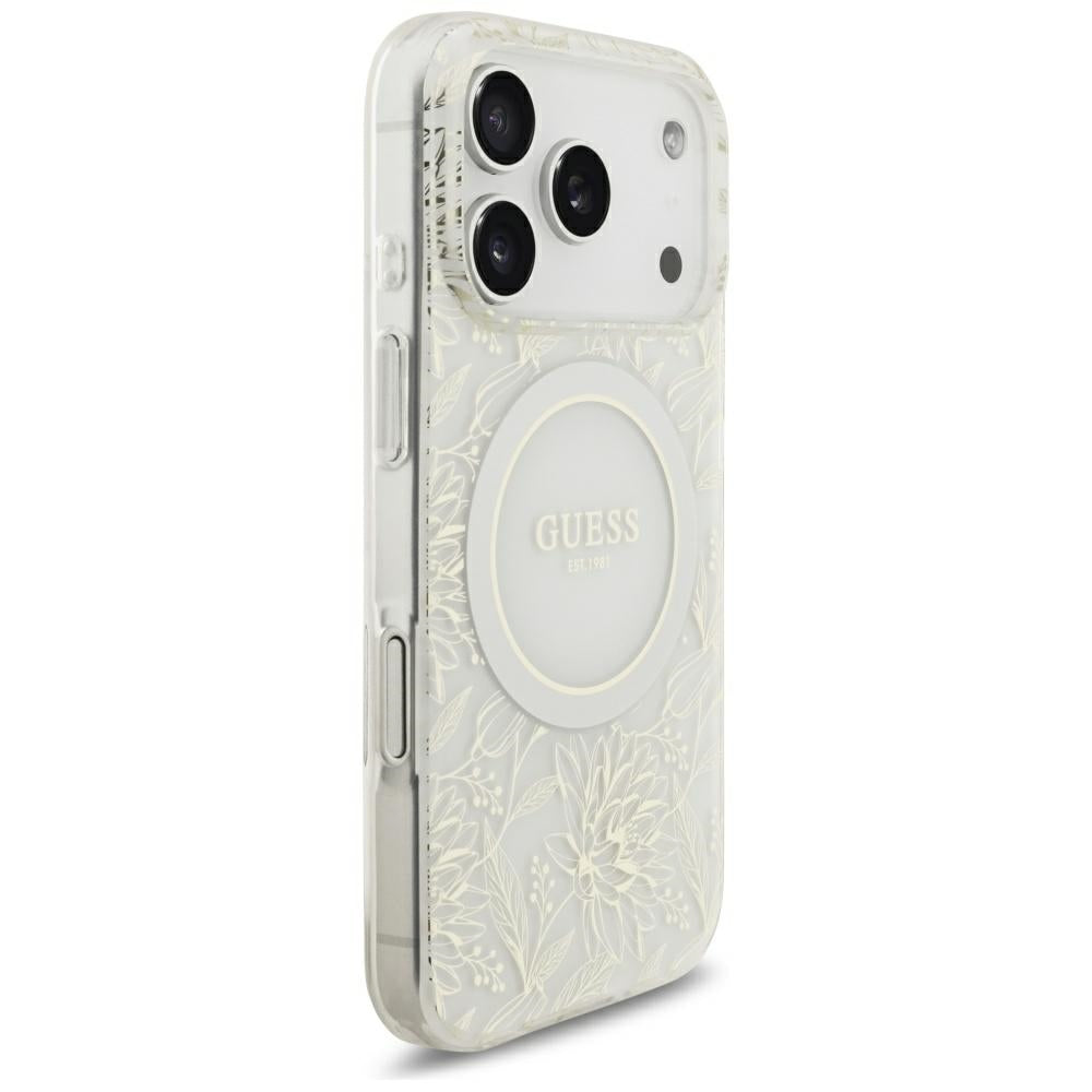 Калъф MagSafe за Apple iPhone 18 Pro Max / 17 Pro Max, Guess, IML Flowers с електроплатинирано покритие и перлена каишка, бял
