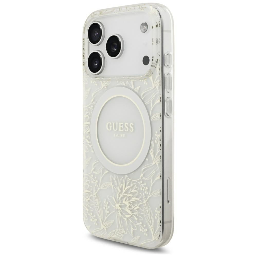 Калъф MagSafe за Apple iPhone 18 Pro Max / 17 Pro Max, Guess, IML Flowers с електроплатинирано покритие и перлена каишка, бял