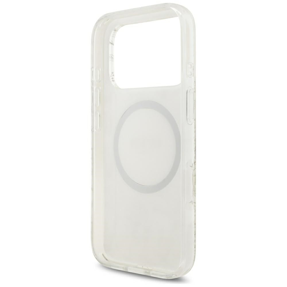 Калъф MagSafe за Apple iPhone 18 Pro Max / 17 Pro Max, Guess, IML Flowers с електроплатинирано покритие и перлена каишка, бял
