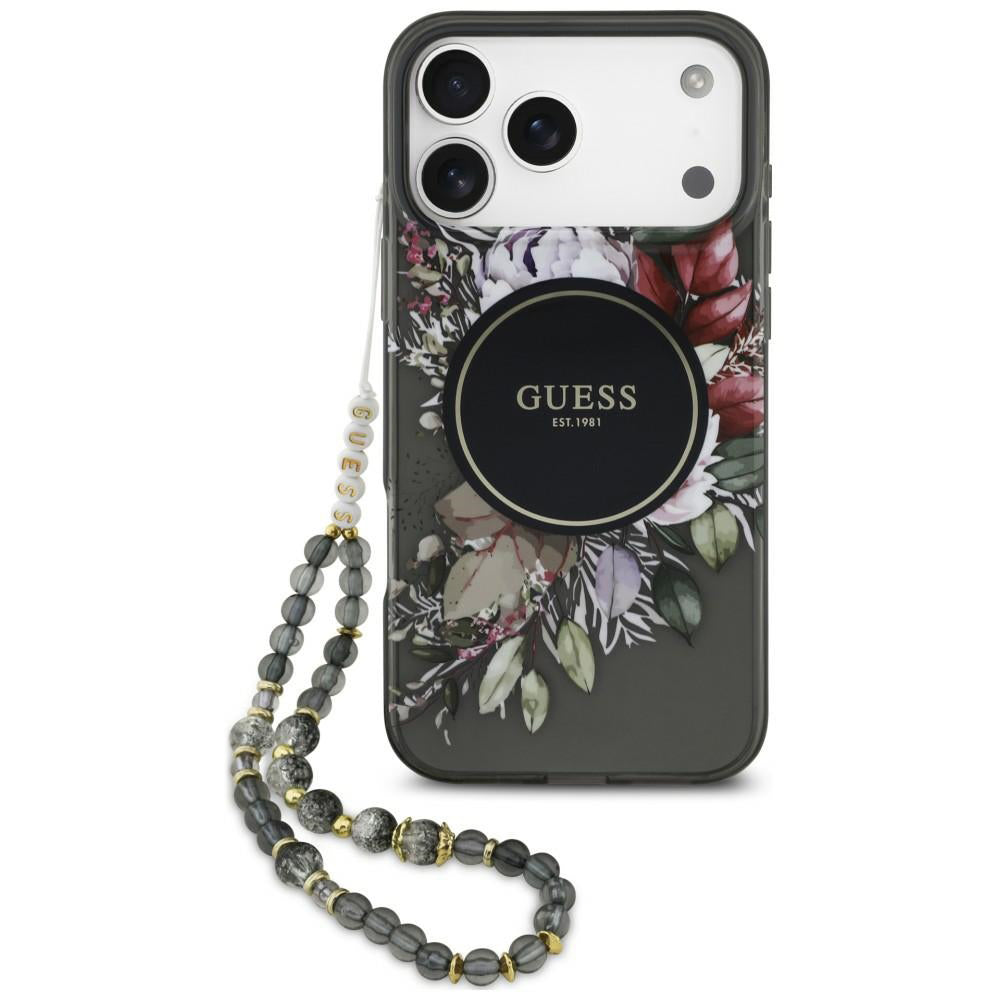 Калъф MagSafe за Apple iPhone 18 Pro Max / 17 Pro Max, Guess, IML Flowers with Pearl Strap, черен