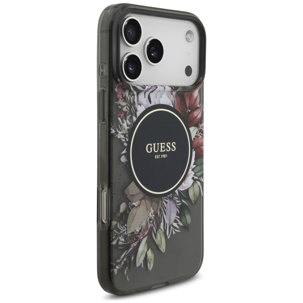 Калъф MagSafe за Apple iPhone 18 Pro Max / 17 Pro Max, Guess, IML Flowers with Pearl Strap, черен
