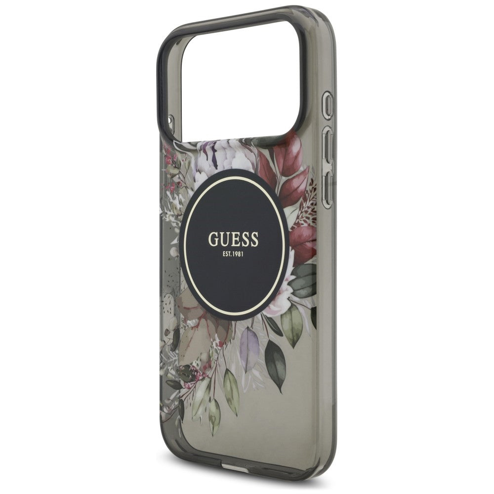 Калъф MagSafe за Apple iPhone 18 Pro Max / 17 Pro Max, Guess, IML Flowers with Pearl Strap, черен