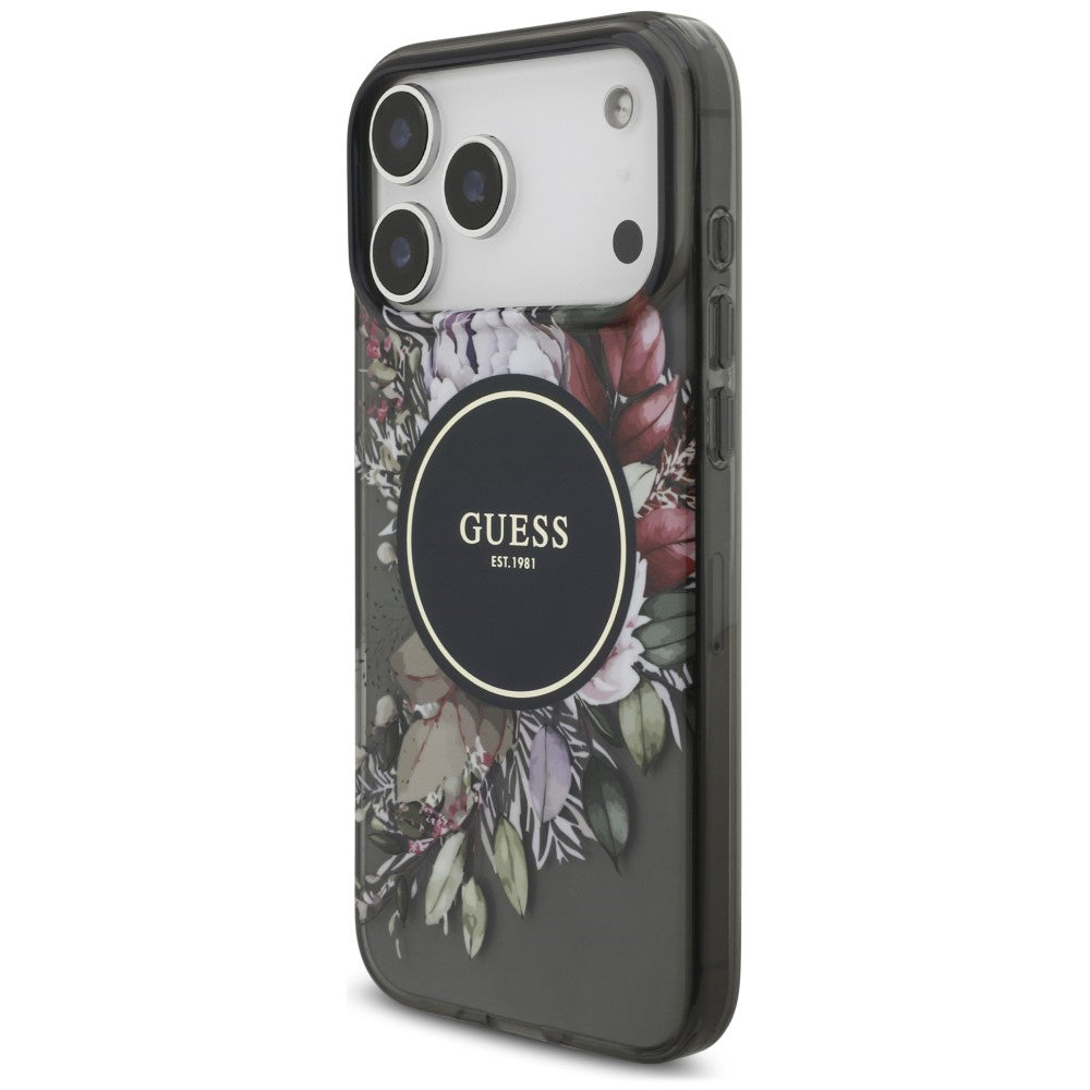 Калъф MagSafe за Apple iPhone 18 Pro Max / 17 Pro Max, Guess, IML Flowers with Pearl Strap, черен
